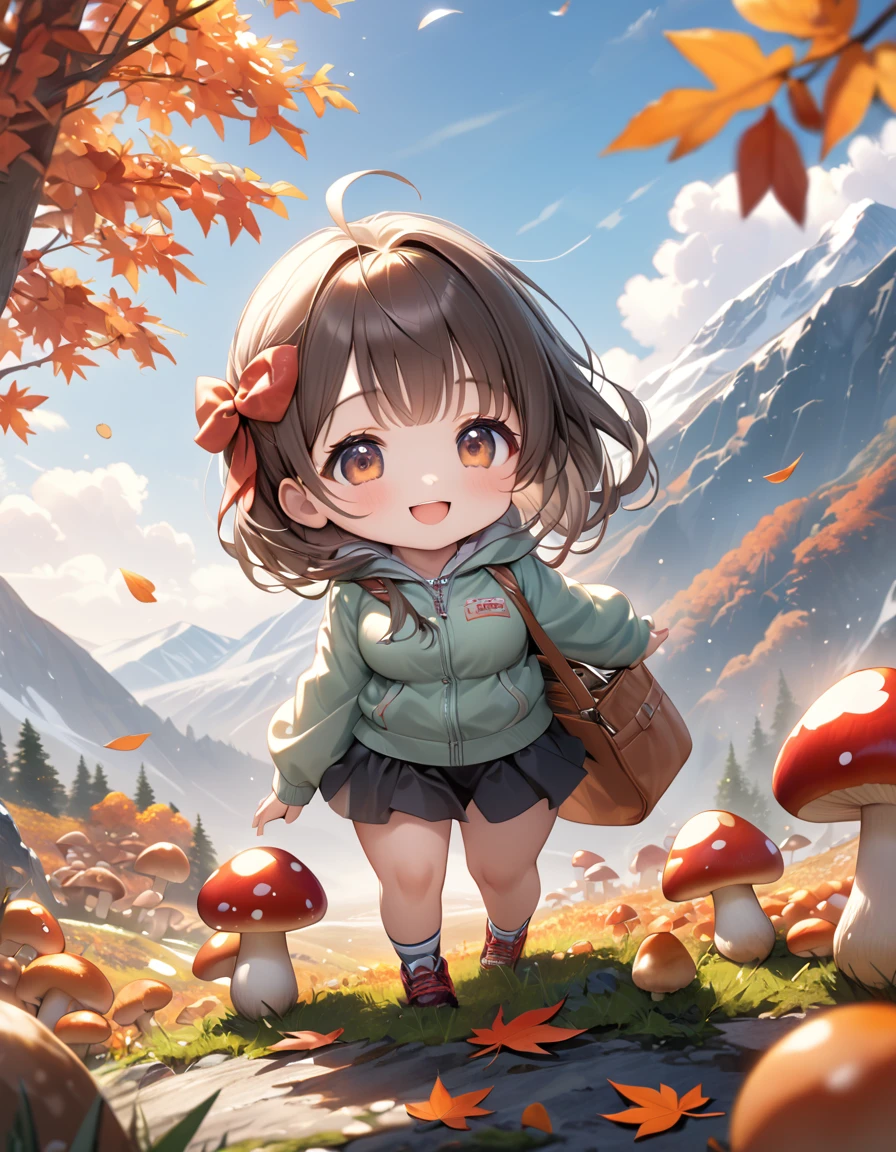 (masterpiece, ultra-detailed, best quality, clear focus, dramatic scene, cinematic), shadow, (ultra-high resolution, 8k), perfect anatomy, perfect face, (detailed face, detailed eye), cute Japanese chibi girl, (chibi:1.2), famous Japanese idol, very beautiful and cute and cool face, dynamic angle, (wearing a cute outdoor wear:1.3), (large breasts), slim waist, happy smile, she looks so fun, (She is in the mountains picking mushrooms in the autumn leaves:1.3), a lot of large mushrooms are on the ground, many apples, many persimmons 