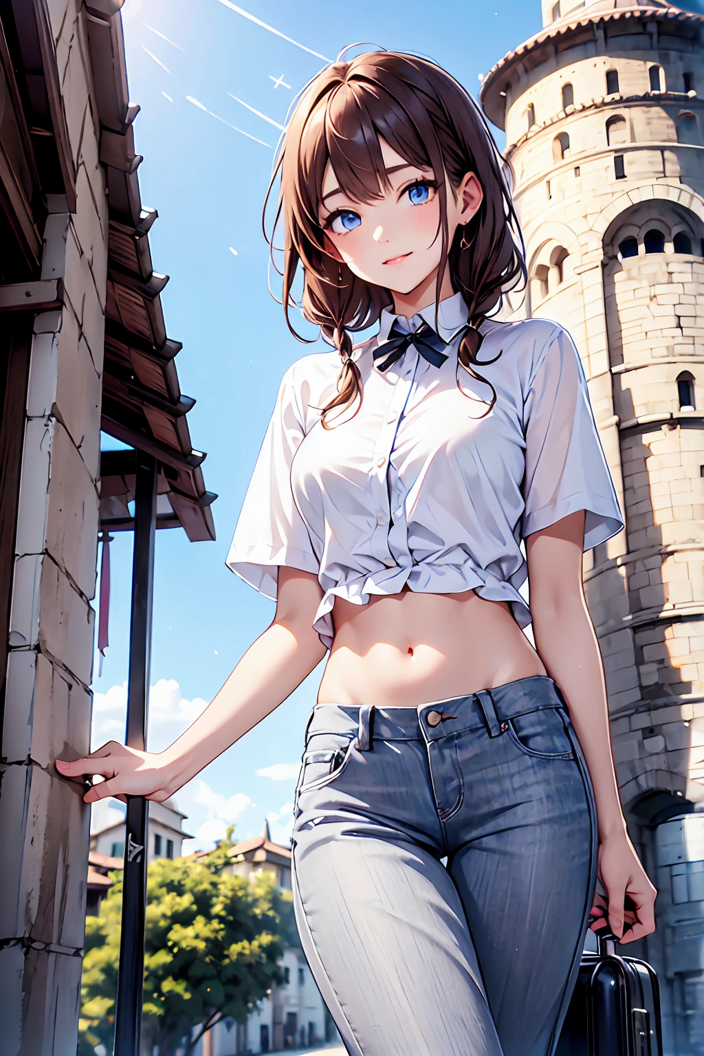 ((masterpiece)), ((Best Quality)), ( RAW photo:1.2), ( Hi-Res:1.3), ( professional photo shoot:1.2), (chromatic aberration),  one girl , (()), (Serious),  I feel the audience , Plain Shirt,  Bedhead, curly hair, ( pants that have a small hip area), ((Take off your work pants)), , ( small breasts), Cute waist, Outdoor, ((Top of the big bell tower))，International Travel，Brown suitcase， GIRL LOOKING DOWN FROM HILLTOP ,   the wind is blowing  ，Tower of Pisa，tourist spot，  ANCIENT CITY ，Highland，holy place，Multiple Churches，Brown Hair， shortcut，messy hair ，  Short Braided Hair  ，Neat， Slender Beauty ，Dignified posture， small breasts， beautiful legs with tails，Her enchanting gray-blue eyes shine like stars， bright color ,  beautiful eyes ,A delicate smile, 's textured skin,Best Qualityを最高の状態で,  gentle and beautiful woman  , anime style､