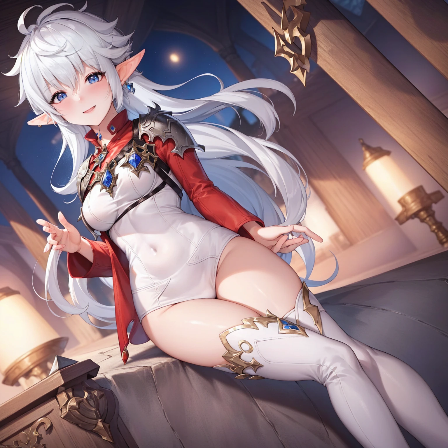 (masterpiece:1.2, best quality), (real picture, intricate details), alisaie, (alisaie leveilleur (final fantasy)), 1girl, elf ears, red jacket, thigh boots, white shorts, fit female, realism, Detailed, intricate, sharp focus, Ultra-detailed, detailed pupils, puffy lips, skindentation, (intricate detail), (Soft Lighting), Charming smile, white hair,