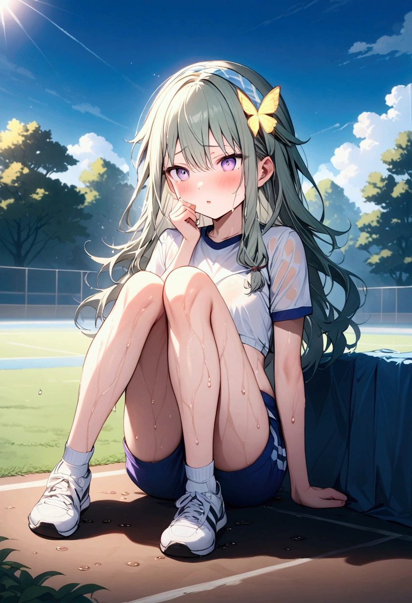 High image quality 、masterpiece、  High Quality 、Full HD、4K 、Kusanagi Nin々、Long hair 、 yellow butterfly headband 、Purple Eyes、slim、Short-sleeved plain white gym clothes 、My gym clothes are wet from sweat 、gym clothes with shorts、blush、 makes your cheeks red、Red blush on cheeks、 shy 、 flat chest、Can you see through sports bras、Large drops of sweat、My body is wet with sweat、 sitting on the ground、 wearing running shoes 、High school grounds、blue sky