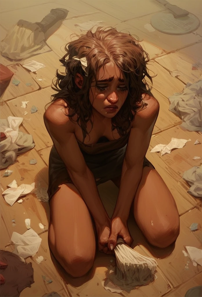  Dark skinned woman. Wearing a long brown dress. Long messy hair. Expression of Sad. Fear. Fear. Kneeling on the floor. Cleaning the floor. Humiliation