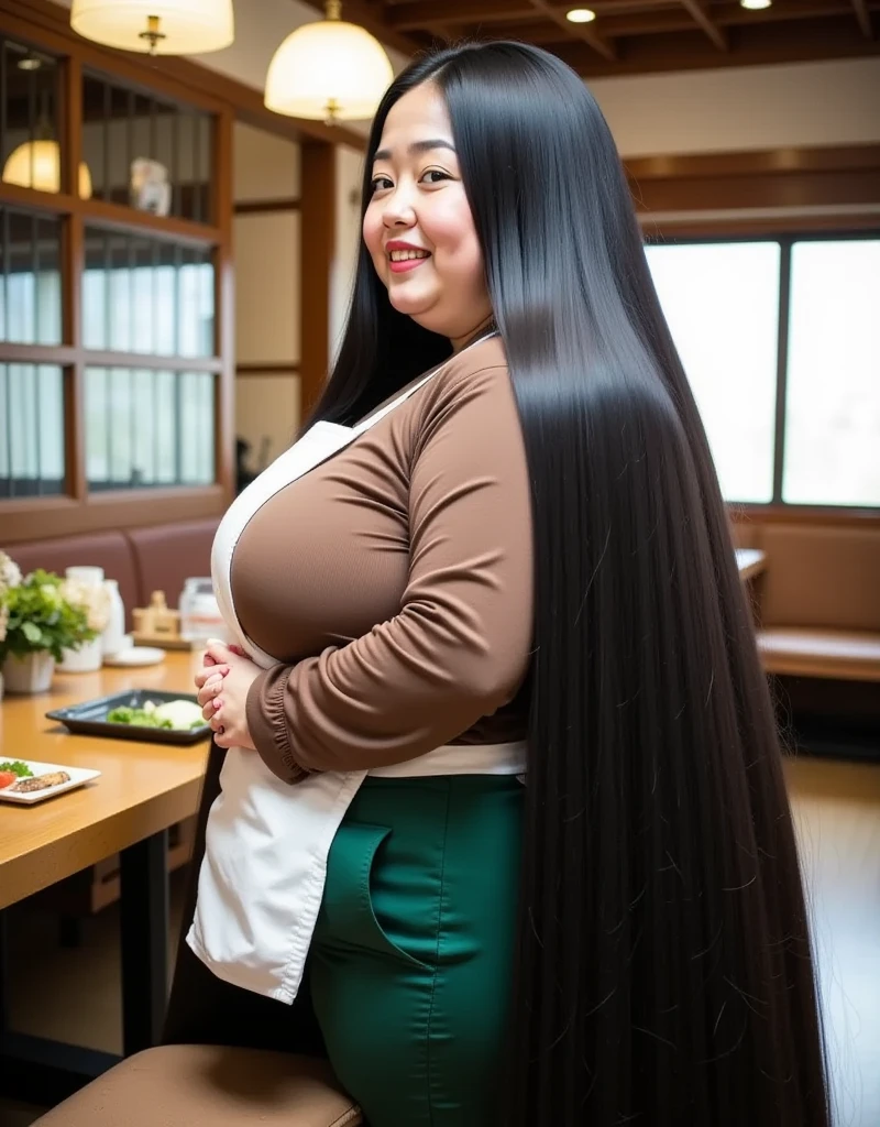 8k,Highest quality, masterpiece, Ultra-high resolution,(masterpiece:1.6, Highest quality), Intricate details, 1 female, Middle-aged woman in her 50s, japanese, full body, from behind, top of head,((jet Black Hair)) ,((an absurdly long hair:1.5)), ((forehead:1.5)), Extremely obese, Fat face,round face,Saggy face, crow's feet wrinkies, ((super huge breasts, super gigantic breasts:1.5)), ((super Saggy breasts:1.5)), ((pale skin, shiny skin)),( brown long sleeve shirt ,  White Apron  ,Green trousers:1.2), ((An old Japanese restaurant の店員の熟女が, Proud  :1.5)), (An old Japanese restaurant :1.3）