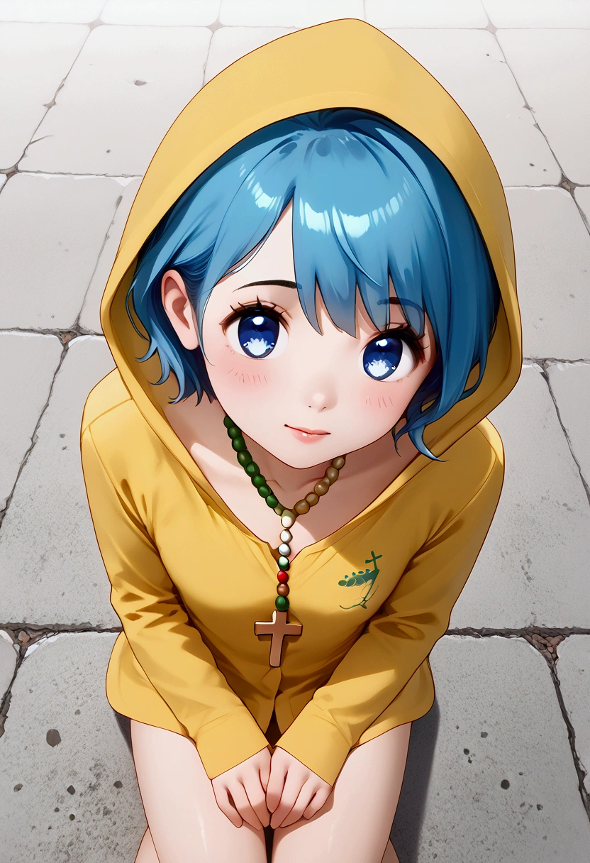 (Little), (cute), luce, jubilee::1.5, Yellow bikini,  necklace with crucifix::2.0, Short hair::1.5, (blue hair), blue eyes. Sitting. White background, Looking from above, perspective from above::2.3. 