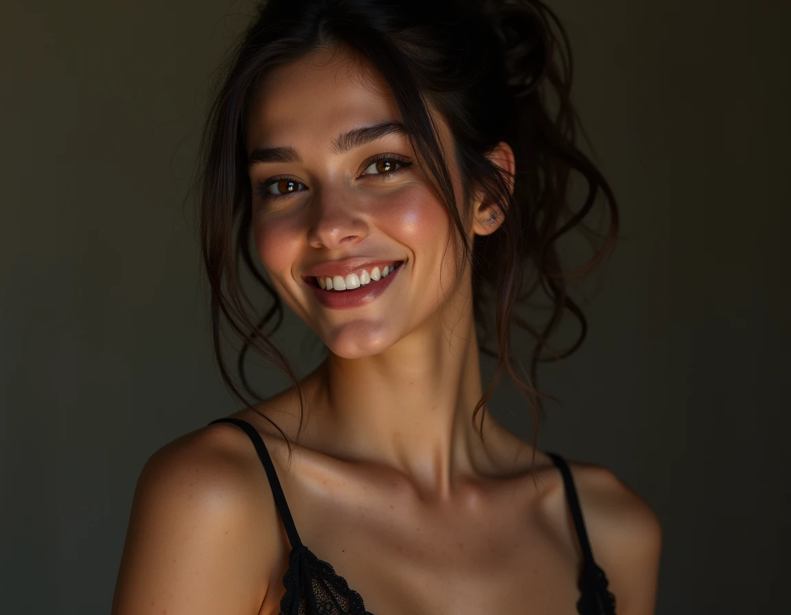 "ultra-realistic image of a gorgeous south African 19 years old,taking a selfie in a bathroom with toilet, caramel skin, perfect body, taking bathroom selfie with her iphone 14, wearing lingerie, small breast, cleavage, skinny, ultra thin waist, black hair, short curly afro hair , gigantic round butt, standing in modern bedroom, smiling, piercing green eyes."