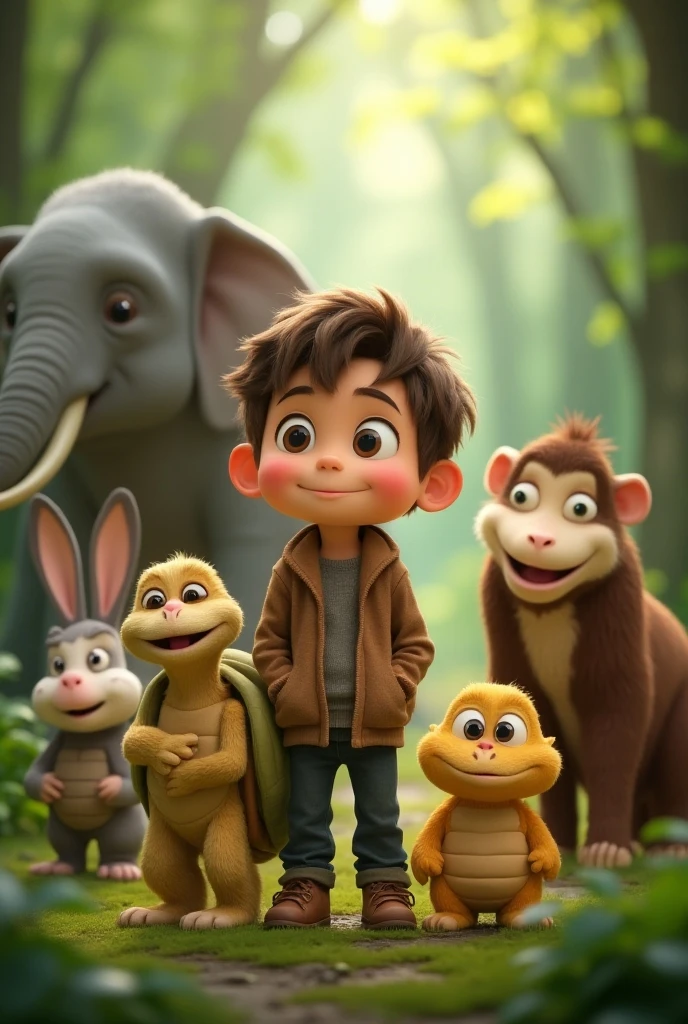 An 11 year old boy with short brown hair and curious blue eyes. He wears a green t-shirt and adventurer pants, a little dirty with dirt and a small monkey (with light brown fur and large, expressive eyes) looking at a huge golden monkey with fur that shines like gold in the sun (his eyes are wise and his posture is majestic. He sits on a moss-covered stone throne, which looks like a part of nature itself), rendered in 3D Disney Pixar animation