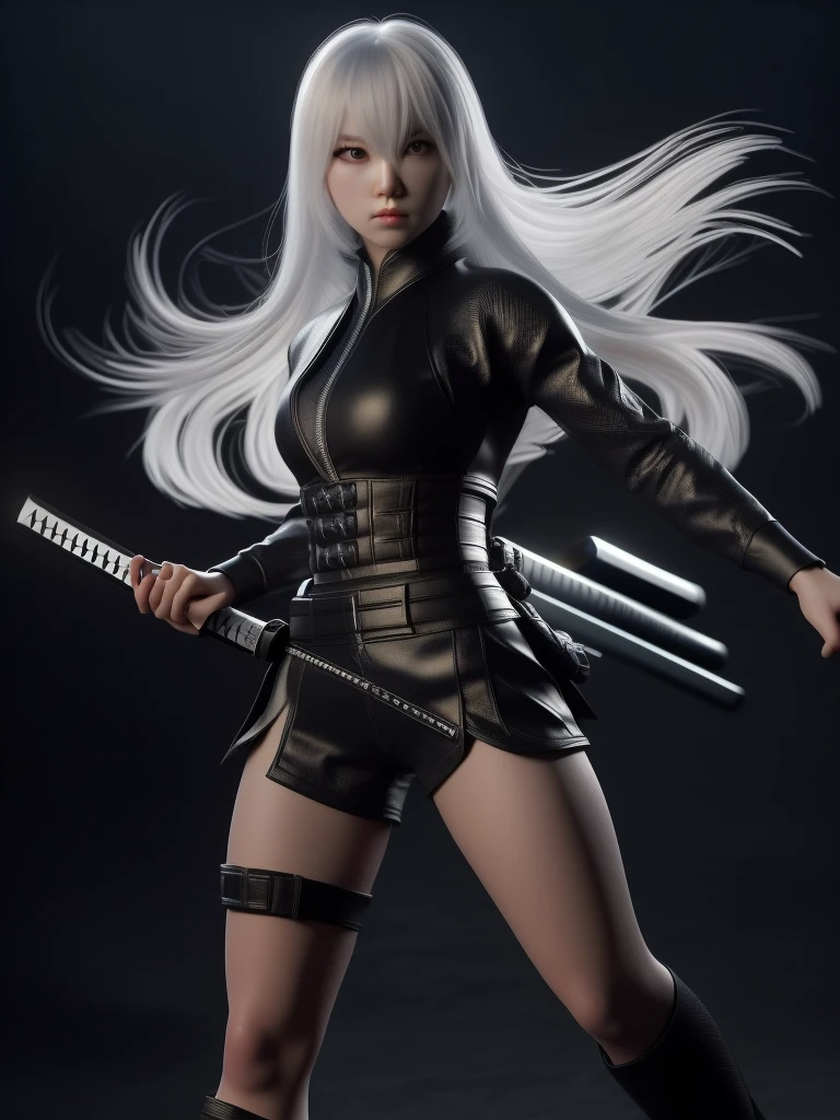 A lone female ninja, photorealistic, serious expression, combat pose, long white hair, black ninja outfit, white phoenix shirt, full body shot, highly detailed, 8k, masterpiece, dark atmosphere, dramatic lighting, cinematic, epic scale, intricate details, muscular physique, flowing fabric, dynamic composition