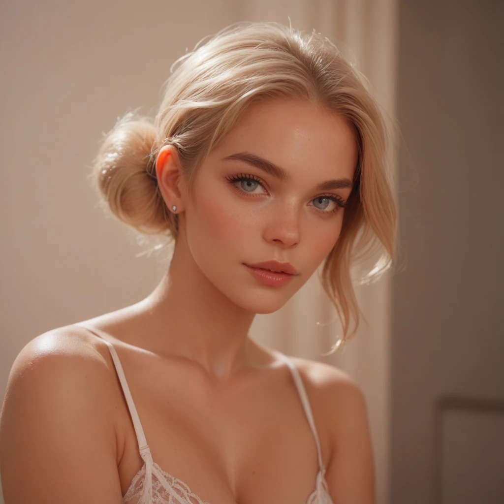 an eye contact of a blonde with hair in a bun and dark theme