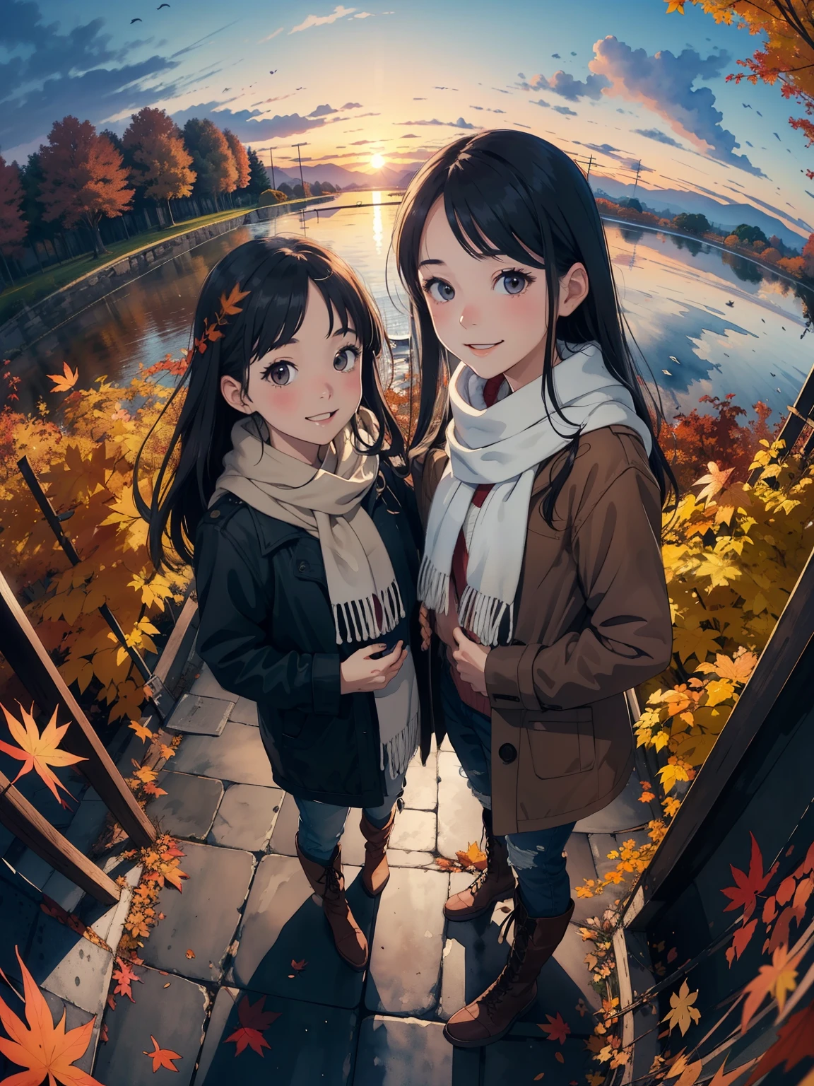 masterpiece， Best Quality ， High image quality ，( super flat  ,  flat shading )， Fisheye Lens  ， Beautiful young mother and lovely daughter，  warm scarf， (naked)，Long Hair，  boots, smile, smile，White Breath，fun, play，White Breath，Autumn park garden，  fall leaves for vaginal discharge，Autumn sky，At dusk，Beautiful sunset，Wide angle，  bright color ，watercolor, Ghibli style，Strong winds，  girl&#39;lure，