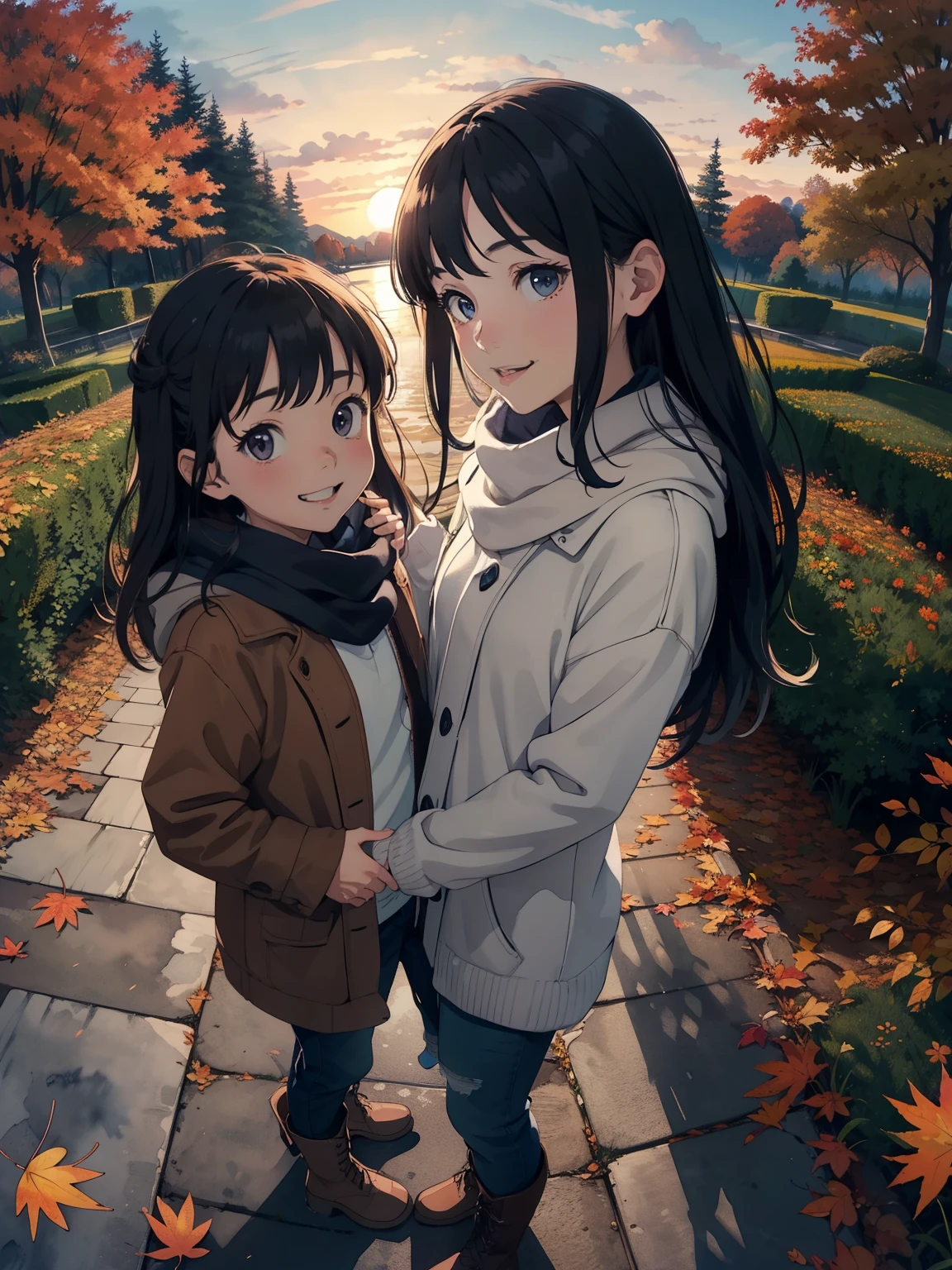 masterpiece， Best Quality ， High image quality ，( super flat  ,  flat shading )， Fisheye Lens  ， Beautiful young mother and lovely daughter，  warm scarf， (naked)，Long Hair，  boots, smile, smile，White Breath，fun, play，White Breath，Autumn park garden，  fall leaves for vaginal discharge，Autumn sky，At dusk，Beautiful sunset，Wide angle，  bright color ，watercolor, Ghibli style，Strong winds，  girl&#39;lure，