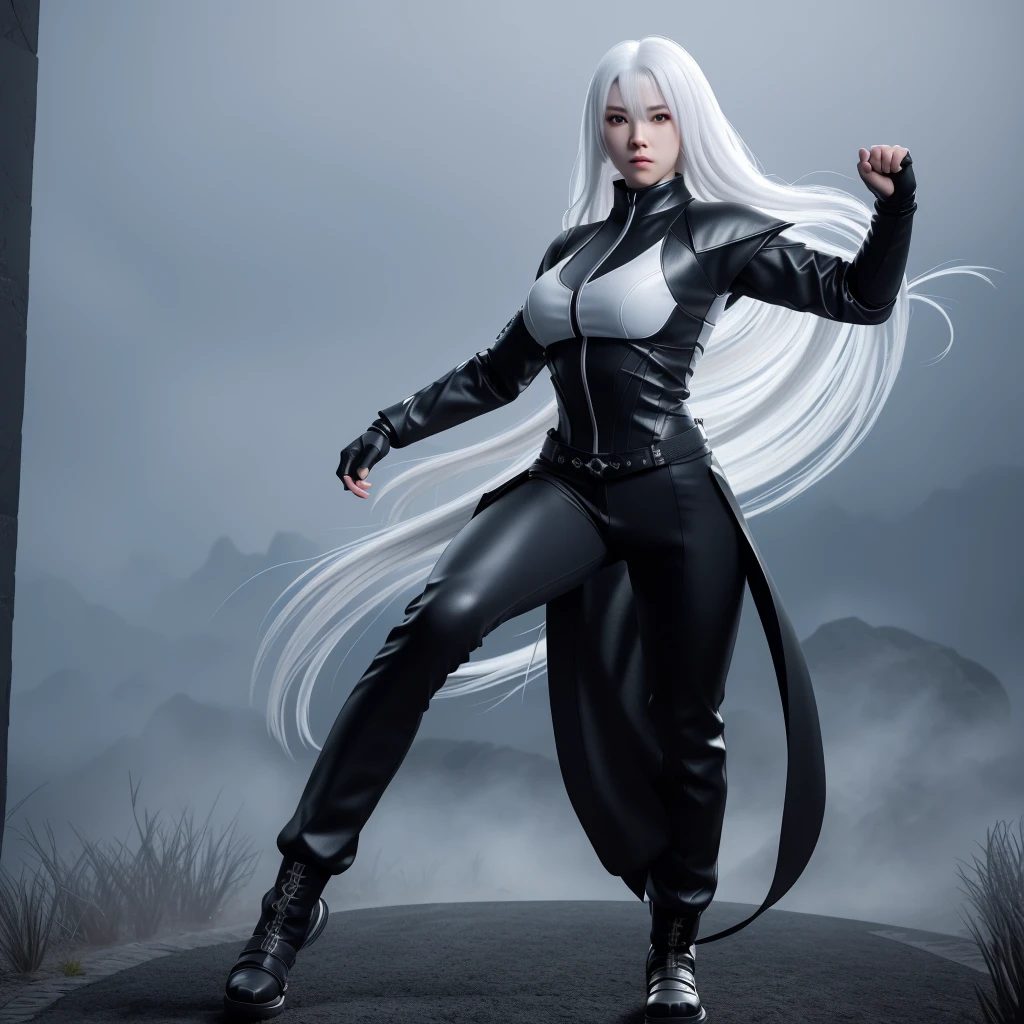 A lone female ninja, photorealistic, serious expression, combat pose, long white hair, black ninja outfit, white phoenix shirt, full body shot, highly detailed, 8k, masterpiece, dark atmosphere, dramatic lighting, cinematic, epic scale, intricate details, muscular physique, flowing fabric, dynamic composition