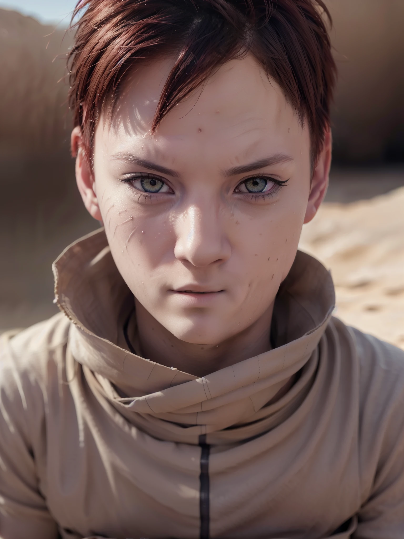 a gaara, hyperrealistic, 1boy, extremely detailed eyes and face, longeyelashes, stoic expression, sandstorm, sand manipulation, ninja, anime style, cinematic lighting, muted colors, dramatic composition, (best quality,4k,8k,highres,masterpiece:1.2),ultra-detailed,(realistic,photorealistic,photo-realistic:1.37)