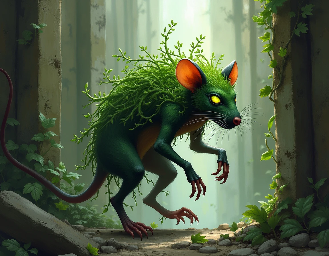 create image according to the description : The Liana Rat is a hybrid creature resulting from the assimilation of an urban rat and climbing plants . It has the agile and of a rat , covered by a combination of green and flexible hair and vines . Its eyes are adapted to see in the dark , shining with a greenish light . The vines that grow on its body allow it to move quickly through the ruins and camouflage itself among the plants that invade abandoned buildings.art impressionism brushstrokes
