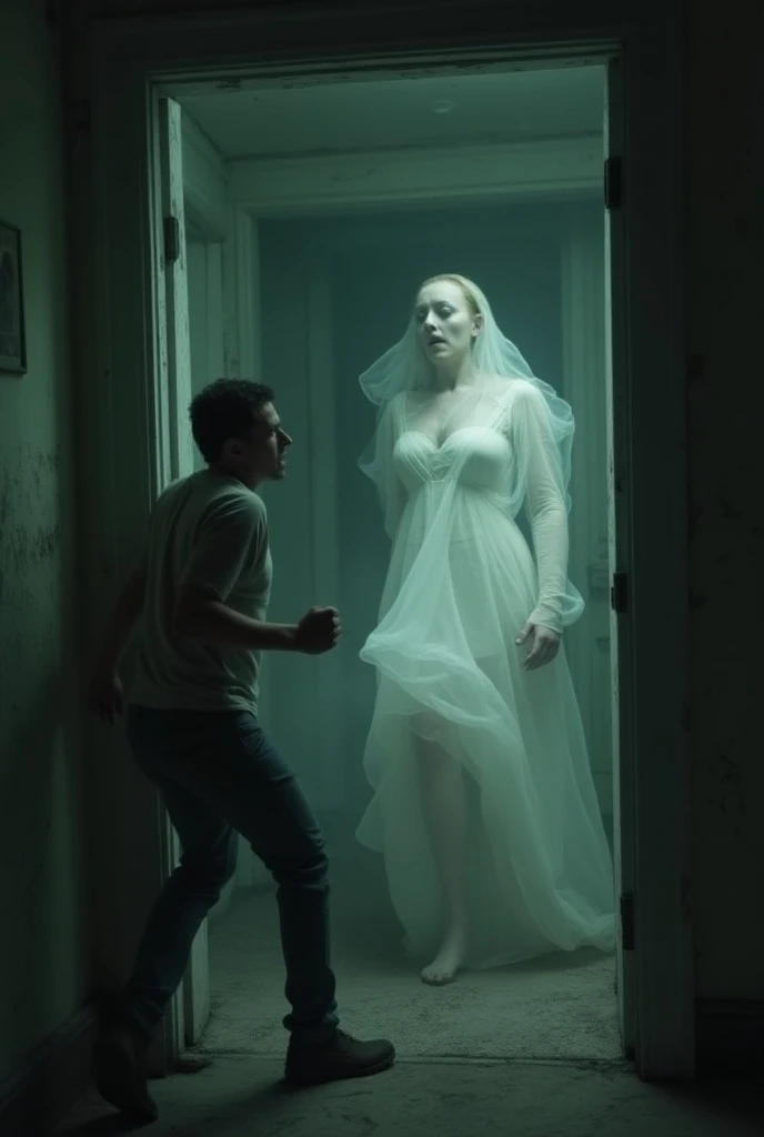 people running away from a transparent ghost girl, the ghost girl is covered in blood, with big breasts and is naked