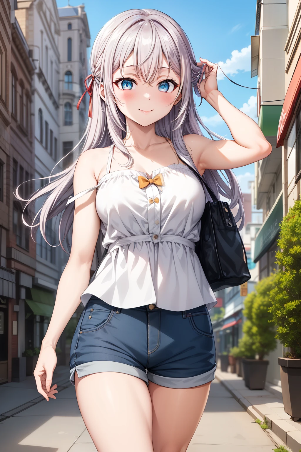 "Alisa Kujou, (afternoon:1.7),  a young 22 years with an impressive character design and a slightly curvaceous but toned body.  She has a beautiful and perfect face ,  with deep blue eyes that shine in the evening sunlight .  Her hair is soft pink ,  flows in loose waves up to her shoulders ,  moving in the breeze as she walks through the city .

 Alisa wears a casual and comfortable outfit , compuesto por un top ajustado que resalta su figure y unos shorts cortos que abrazan suavemente sus caderas, } giving it an aesthetic and sensual appearance without being exaggerated .  Her legs are shapely and her skin looks radiant ,  with a light blush on the cheeks and a warm smile that radiates confidence .

 The background presents a lively city in the afternoon ,  with a clear sky tinged with orange and gold tones at dusk . Around you,  the streets are full of shops and cafes ,  while the sunlight is reflected on the windows of the buildings and on the .  Alisa walks with one hand gently touching her hair ,  while the other one holds a small bag , giving her a casual and relaxed look .

La iluminación natural resalta los detalles de su atuendo y su figure,  while the bokeh effects soften the background , creating a warm and welcoming atmosphere.  The scene is rendered in ultra high resolution  (8K, HDR-10)  with a light cinematic grain to add texture . (beautiful_rostro:1.5), (shorts_casual:1.4), (curvilinear_figure:1.3), (city_afternoon:1.3), (walking_pose:1.2), (sunlight_glow:1.3), (bokeh_effect:1.2), (urban_environment:1.3)."