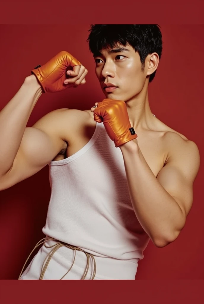 1 handsome Japanese guy,26 year old,Fighters,Kota Miura,Confident and masculine,Ruffian,with short golden hair,Battle damage,Boxing gloves and punching bags,tall,Muscles look good,hairy bodies,Wheat complexion,黑The eye(thin eyes 1:3),fully body photo