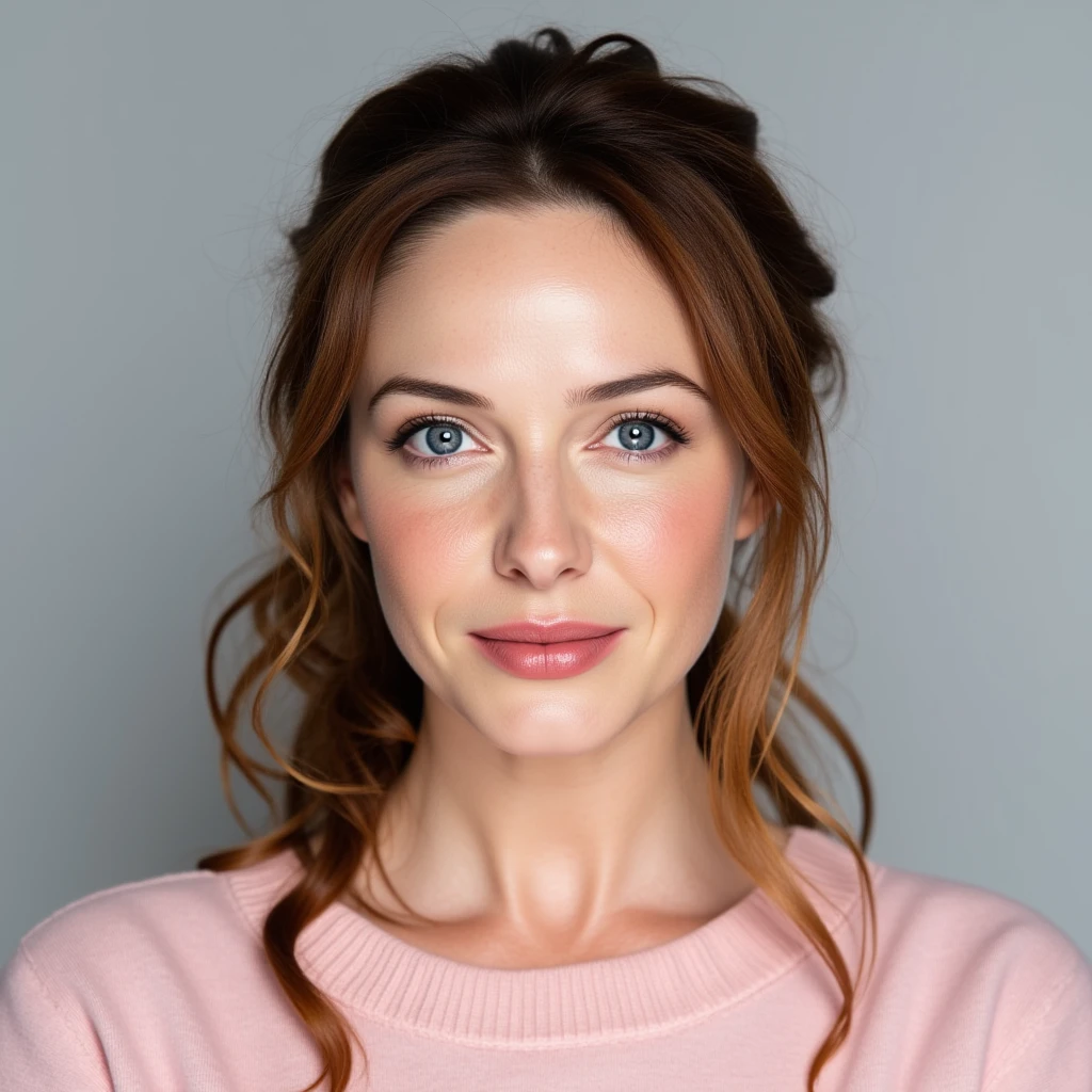 Portrait-style photograph featuring a woman around 45 years old with fair skin and striking facial features. She has long, wavy brown hair loosely tied back, with a few strands softly framing her face. Her eyes are large and blue, with well-defined eyebrows that add character. She has a straight nose, and her full lips give her a composed, serene expression. Faint lines around her eyes and mouth add a touch of maturity and life experience to her face, enhancing her natural beauty. The background is a plain, neutral gray, which keeps the focus on her face. She is wearing a light pink sweater, providing a soft contrast to the overall color palette of the image. The lighting is even and natural, subtly highlighting her features without any harsh shadows.