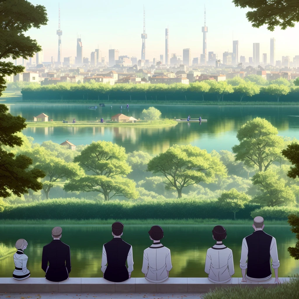 Man and woman staring intently at a city lake in the background