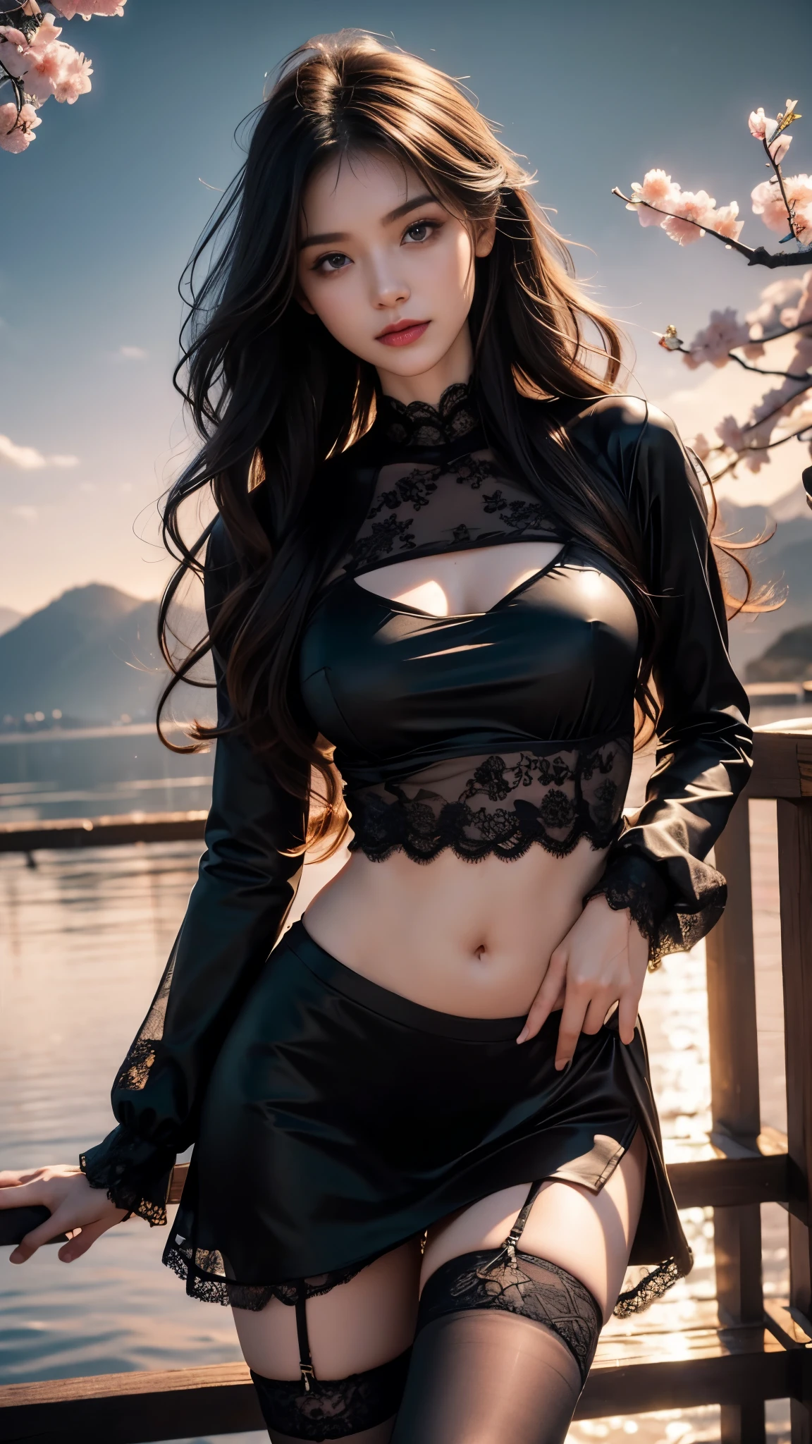 Girls wear skirts,It's a perfect face,scantily clad,Willow waist,(Cherry blossom tree),(black transparent, lace panties),(actual, realistically), (depth of fields),Long black hair,Thigh thick,view the viewer , insanely details, Complicated details, Skeleton costume,(Lop), Lower chest Skeleton costume,Shiny holographic Skeleton costume:1.1 , Large breasts droop,Redlip ,Sheer skirt,(((8K,winning artwork,dynamicposes))),