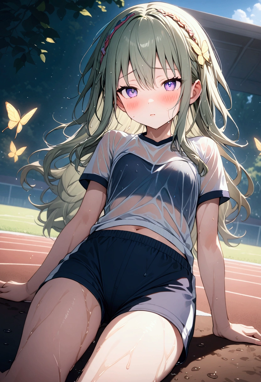 High image quality 、masterpiece、  High Quality 、Full HD、4K 、Kusanagi Nin々、Long hair 、 yellow butterfly headband 、Purple Eyes、slim、Short-sleeved plain white gym clothes 、My gym clothes are wet from sweat 、gym clothes with shorts、blush、 makes your cheeks red、Red blush on cheeks、 shy 、 flat chest、Can you see through sports bras、Large drops of sweat、My body is wet with sweat、 lying on the ground、 wearing running shoes、High school grounds、blue sky