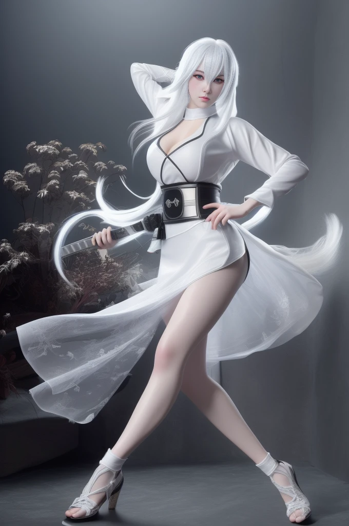 A sexy and beautiful ninja, photorealistic, serious expression, ninja pose, long white hair, ninja outfit, white phoenix shirt, full body shot, highly detailed, 8k, masterpiece, dark atmosphere, dramatic lighting, cinematic, epic scale, intricate details, muscular physique, flowing fabric, dynamic composition