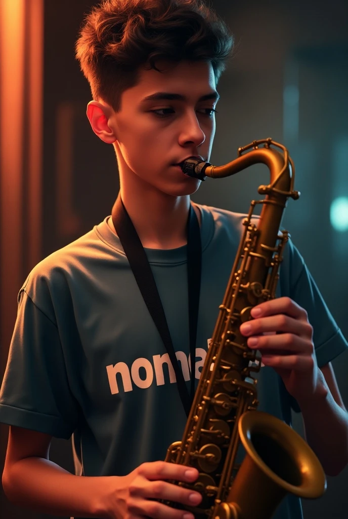 Boy playing saxophone on a stage with lighting