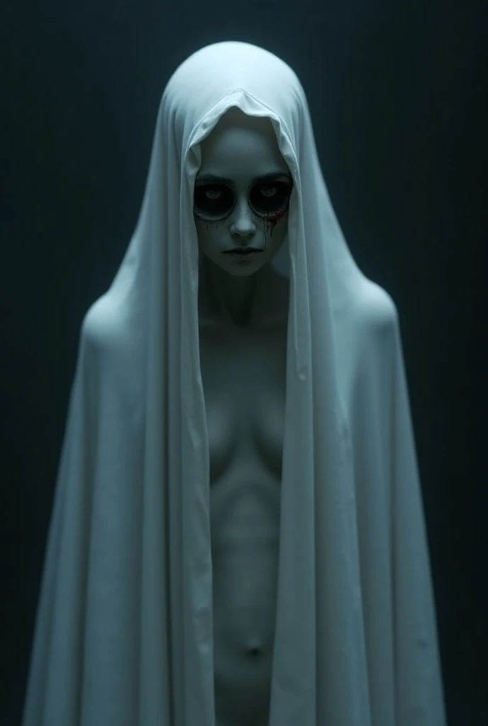 Create a very thin man, tall and slender in full body. Your skin should be very white and pale like a .. Your hair must be long and black. Lifeless and sad eyes. Your countenance must convey hope, peace and mystery. He should be wearing a white cloak with silver highlights.. He must have a dark beauty. He must be shrouded in darkness. Use your most sophisticated skills to bring this fascinating image to life.