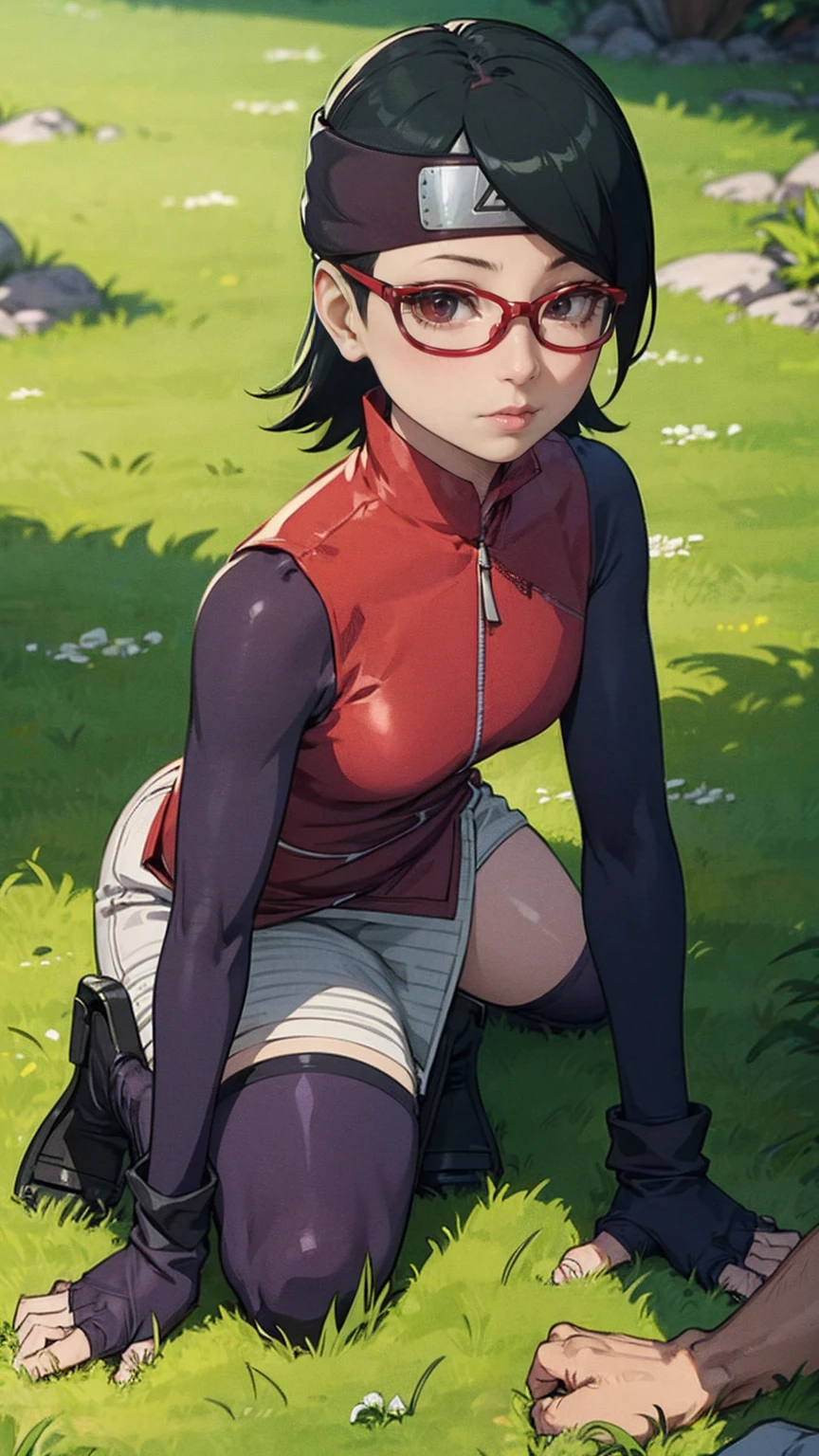 ( Salad Uchiha , short hair, black hair,Glasses), Beautiful Woman Unreal Engine 5 8K UHD Full Body Photo ,  Green Japanese Style Long Hair ,  Wearing a Futuristic Black Tight Battle Suit, Half Face Mask ,  Futuristic Neck Color ,  Grass Green Light Details , Best Quality, masterpiece: Tight clothing,