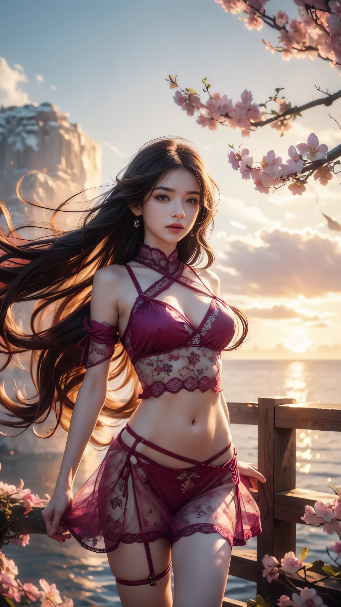 8K high-definition，Natural light exposure，Realistic photos，sexy beauty，Delicate facial features，eBlue eyes，Slim build，Long legs，Bigchest，Red long-haired，curlies，Stand beautifully，Artistic standing，Transparent luminous large crystal，Transparent glow