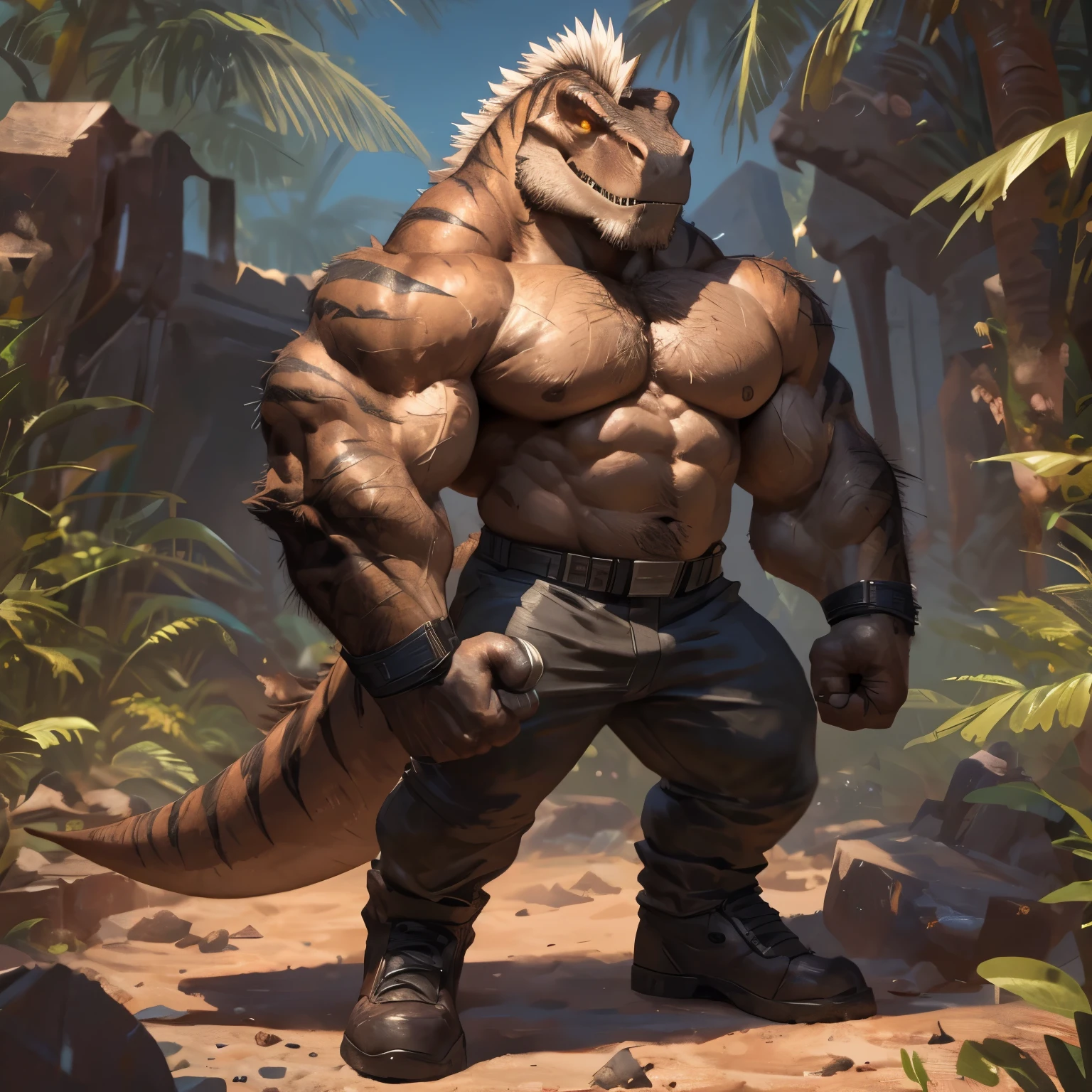 By Taran Fiddler, A solo anthropomorphic badass bodybuilder dinosaur (realistic, detailed, american shot, aesthetic physique, aesthetic proportions, 3 meters tall, very tall, well-built body, very strong body, tanky, large broad shoulders, massive physique, well-built body, very hairy, very hairy arms, brown body, dinosaur head (Tyrannosaurus-Rex head, grey bushy big mustache, grey thick trimmed full beard, grey thick mohawk hairstyle, bright yellow glowing eyes, brown skin) brown skin, black stripes, naked upperbody, wears a futuristic grey armored pant, wears futuristic grey military boots,naked upperbody, holding a dumbbell in his right hand) standing, holding a dumbbell in his right hand, in futuristic ruins in the jungle at night.