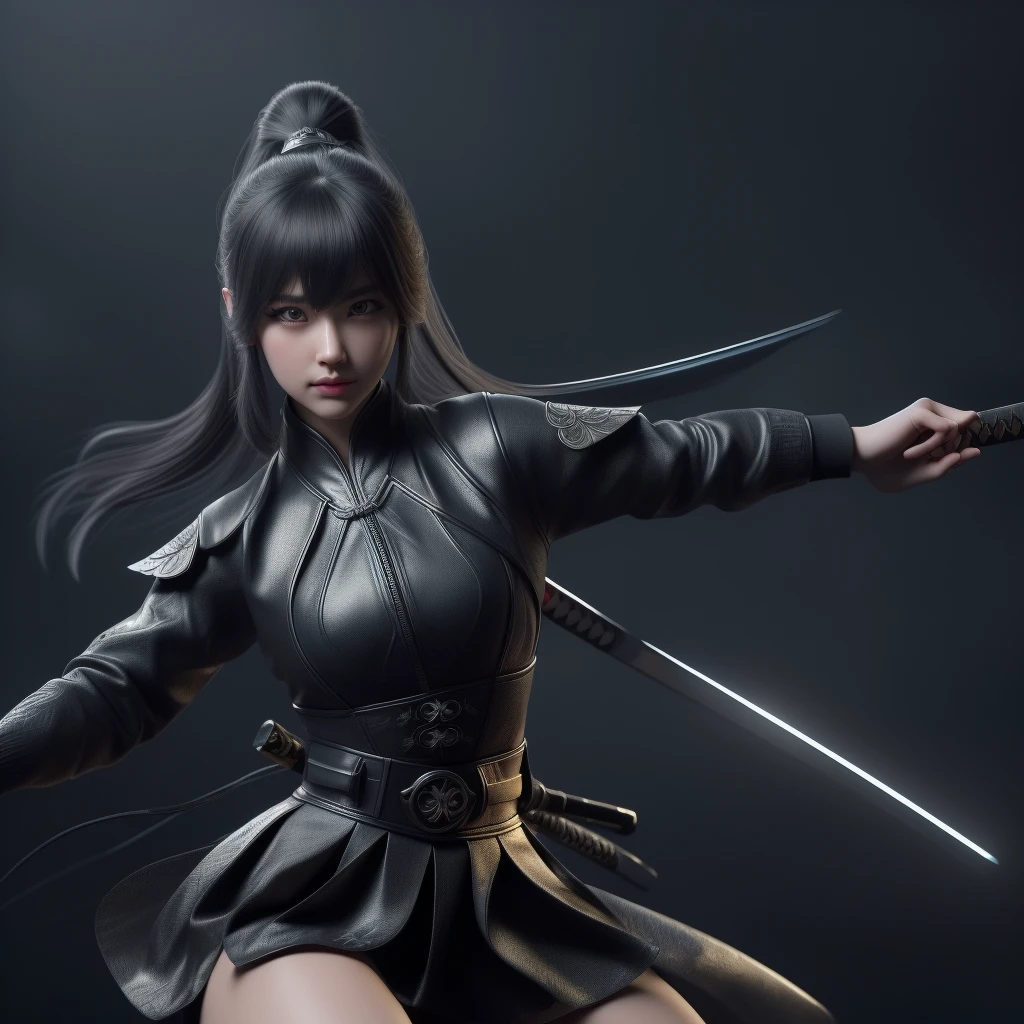 A dynamic ninja girl in a phoenix patterned ninja outfit, dynamic action pose, beautiful detailed eyes, beautiful detailed lips, extremely detailed eyes and face, long eyelashes, detailed ninja outfit, intricate phoenix pattern, dramatic lighting, cinematic scene, dark moody color palette, chiaroscuro lighting, (best quality,4k,8k,highres,masterpiece:1.2),ultra-detailed,(realistic,photorealistic,photo-realistic:1.37),HDR,studio lighting,ultra-fine painting,sharp focus,physically-based rendering,extreme detail description,professional,vivid colors,bokeh,dark fantasy,action,cinematic