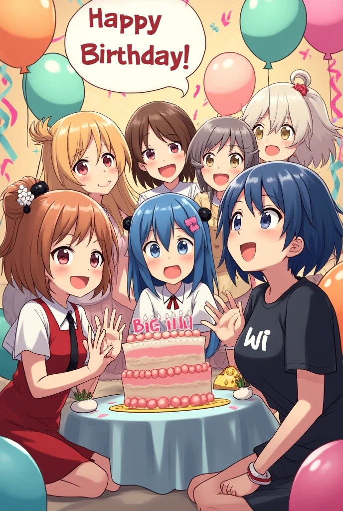 6 characters celebrating a birthday together