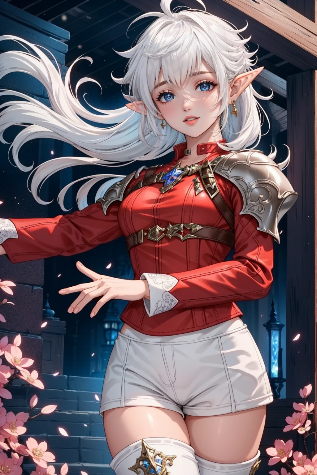 (masterpiece:1.2, best quality), (real picture, intricate details), alisaie, (alisaie leveilleur (final fantasy)), 1girl, elf ears, red jacket, thigh boots, white shorts, fit female, realism, Detailed, intricate, sharp focus, Ultra-detailed, detailed pupils, puffy lips, skindentation, (intricate detail), (Soft Lighting), Charming smile, white hair,