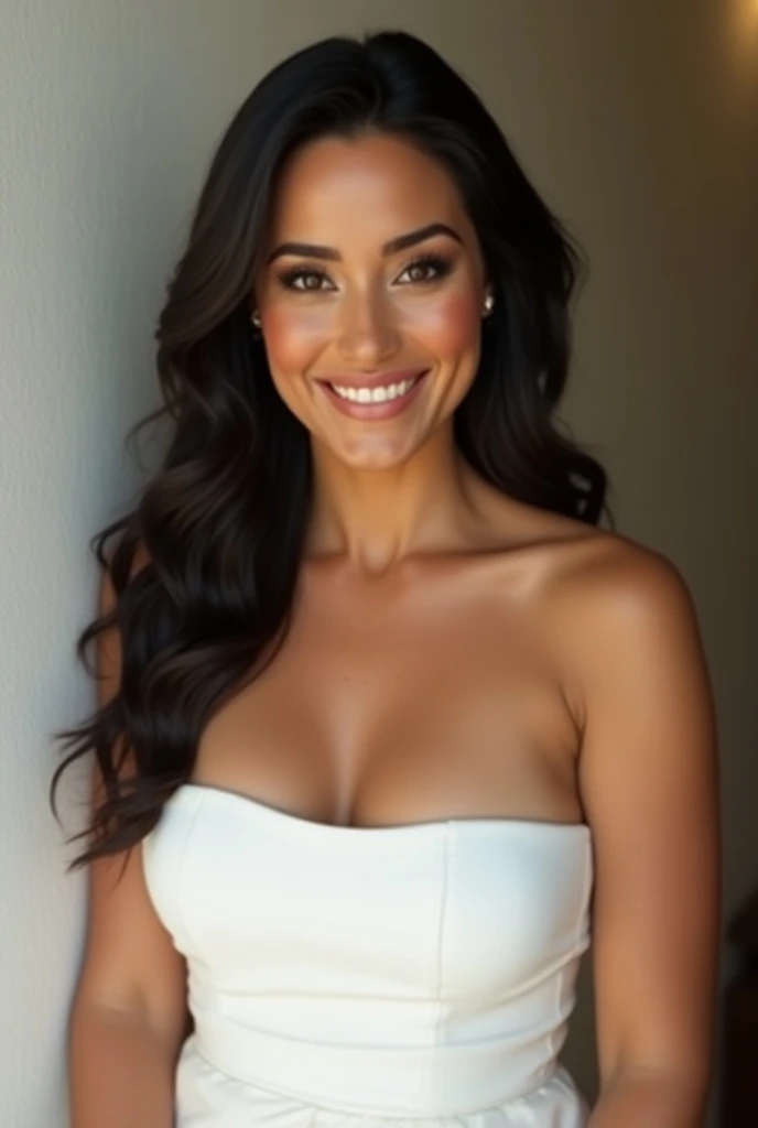 Sexy woman35 years old with big breasts deep neckline dress multi-color modern dress long open top with canvas claw clip messy hair DDD big chest super big breasts tan skin hyper realistic,ultra HD,perfect smile white teeth como a neve,,,,,,,,,,,,,,,, ,,,,, ,,,,,, close-up makeup style shimmery blue eyeshadow complements her peach blush and vibrant nune lipstick skin has a flawless, radiant finish with lighting that accentuates the makeup and natural beauty.. perfect smile, white teeth