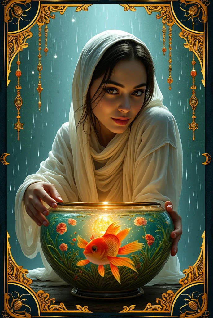 In Love In A Goldfish Bowl, a beautiful goddess named Radha gazes softly into the distance, surrounded by Art Deco motifs that shimmer under the rain-soaked steel baroque sky. This Oliver Vernon-inspired scene fuses mystical elegance with Radha's otherworldly beauty, evoking a dreamlike atmosphere.