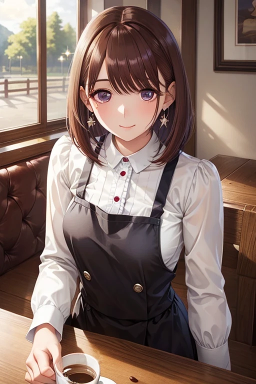 my grandmother、 shiny maroon hair ,  short hair, ( brown pretty eyes、 Sparkling Eyes, Fine grain)、smile、 super detailed eyes 、 very detailed face ,  very detailed eyes, cowboy shots、  1 girl,  Alone, 


 (Best Quality:1.2),  1 girl, Cafe、 drinking coffee