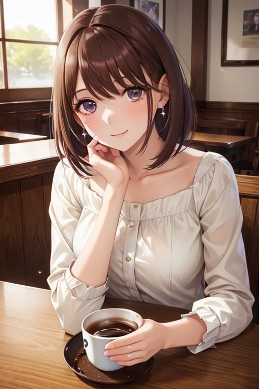 my grandmother、 shiny maroon hair ,  short hair, ( brown pretty eyes、 Sparkling Eyes, Fine grain)、smile、 super detailed eyes 、 very detailed face ,  very detailed eyes, cowboy shots、  1 girl,  Alone, 


 (Best Quality:1.2),  1 girl, Cafe、 drinking coffee