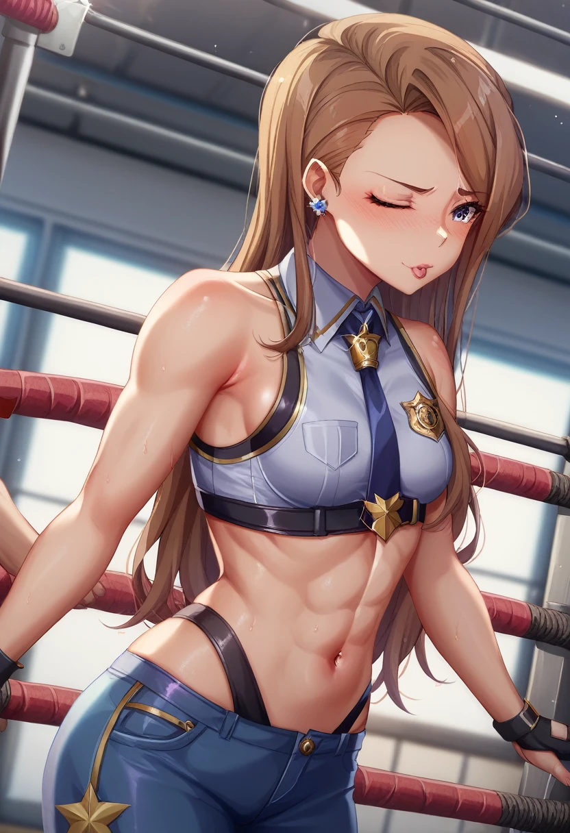 (( small breasts))、Minase Iori、 ahehe、Brown Hair、( strangle it from behind)、 Professional wrestling、ring、strangle、(Arm Lock)、Highleg Police