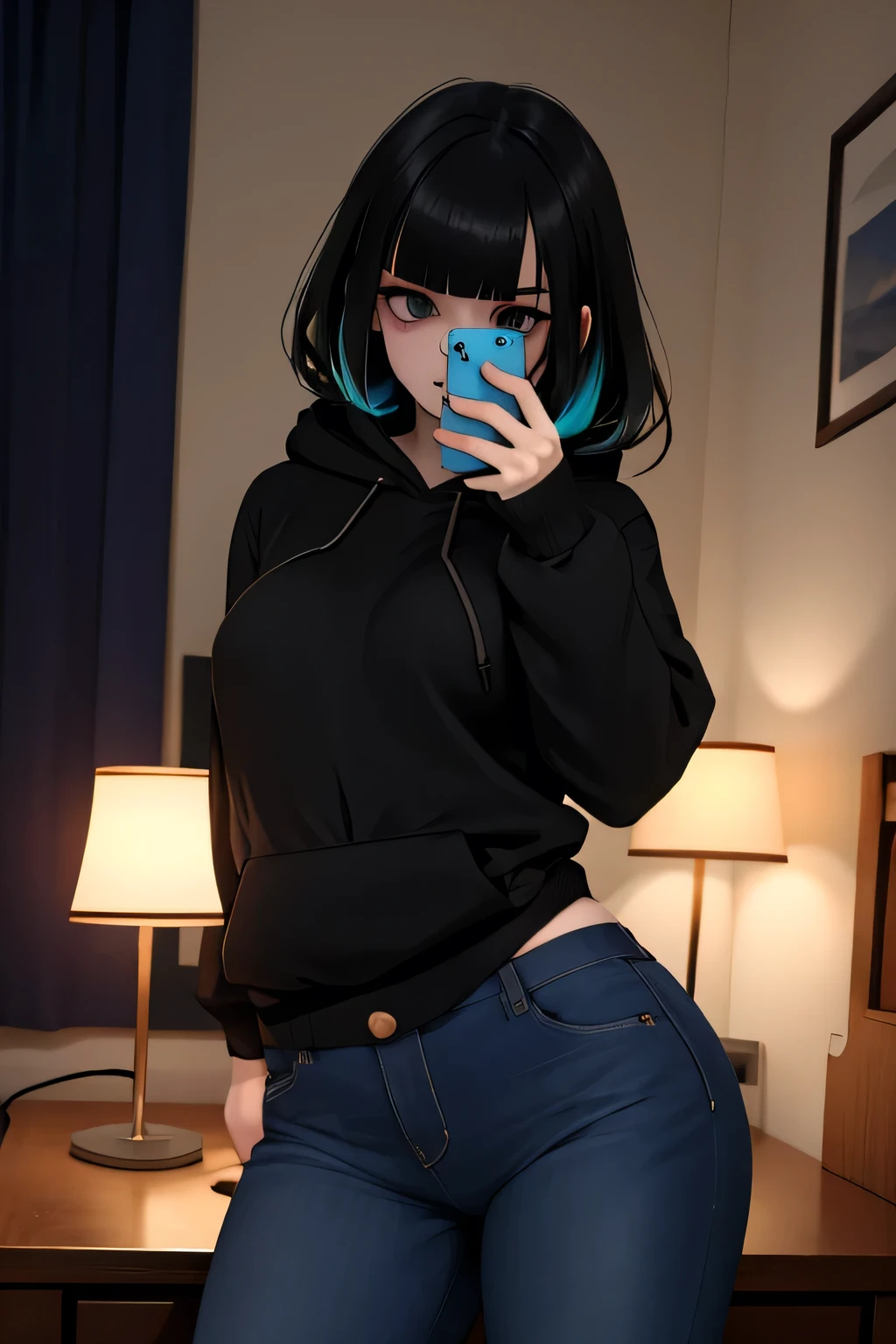 Masterpiece, Best Quality, Coloured image,Hi-Res, source_anime, (good_hands:0.9) , 1girl, black eyes, focused eyes, black coloured hair, long hair, blunt bangs, hoodie, black hoodie, medium breast, curvy body, blue jeans, looking at viewer, selfie, mirror selfie, holding phone, from front.stand, High Contrast Glossy Oily Skin, bedroom,  shy ,scared, dramatic shadows, cinematic lamp lighting, (light particles:0.8)