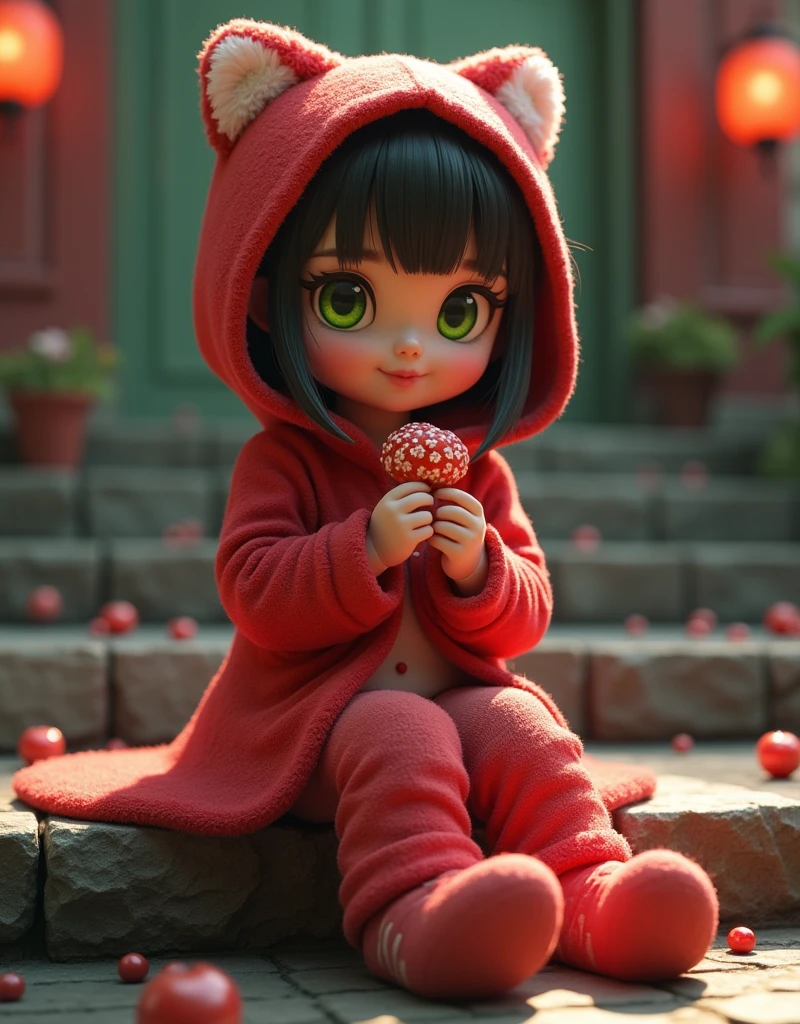 ((Realistic lighting、top-quality、8K、masterpiece:1.3))、focus:1.2、1girl in、perfectbodybeauty:1.4、Slim abs:1.1、((Dark brown hair))、(parka:1.4)、(outside of house、natta:1.1)、City Street、Superfine Face、Fine Eyes、二重まぶた、cute little、Girl Eating Strawberries