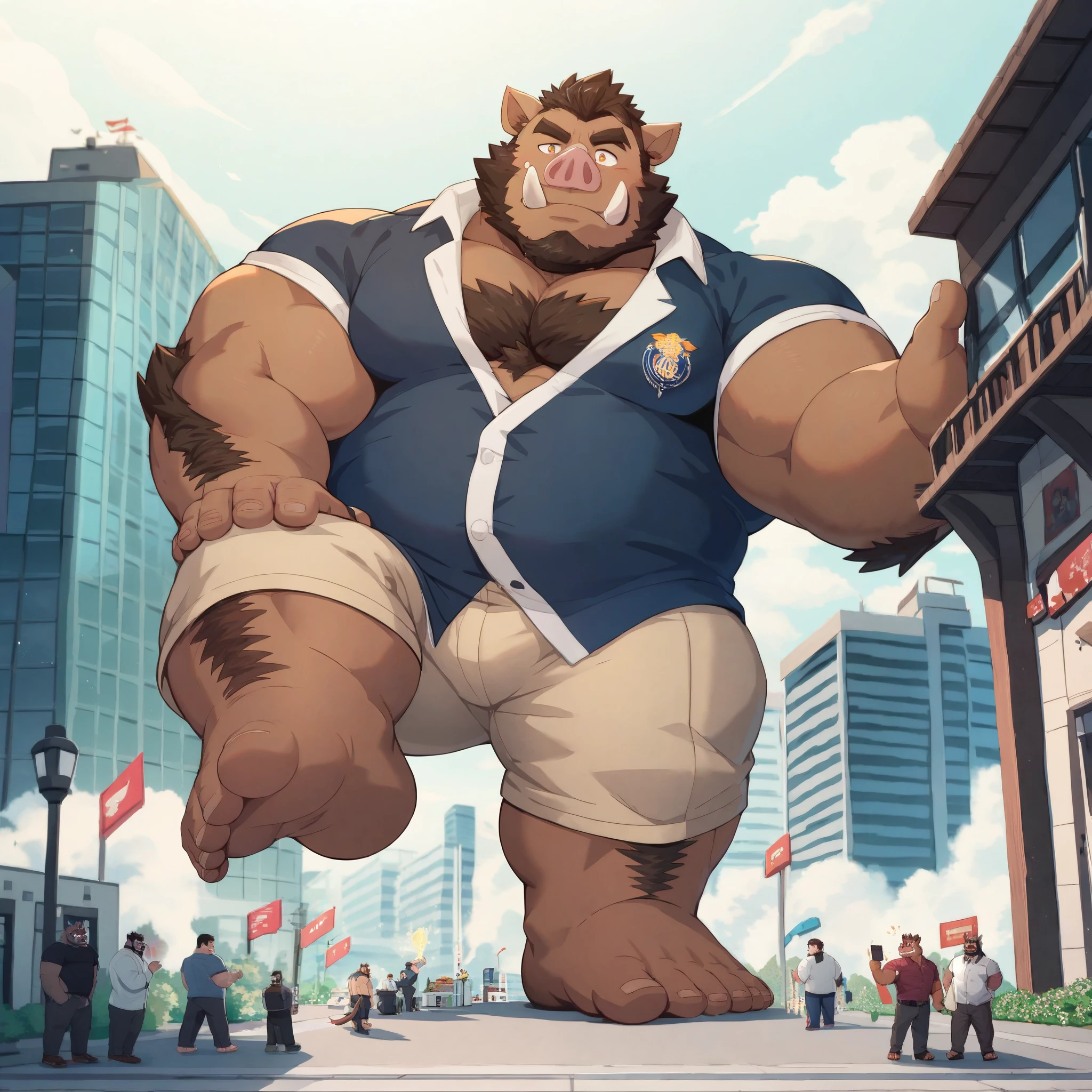 chubby Grizzly Bear in nigh street city (wearing white hym shorts and white tank top, gym shoes), big balls, hyper muscle, hyper muscular, hyper pecs, hyper pectoral, absurdly muscular, absurdly muscle size, flare lights, bur background, old grizzly bear, thick arm, huge arm, bearded. Thick huge heavy brown fur, White hair and long beard, bearded, muscular, pectoral, wide pectoral, large pectoral, realistic, 8k, masterpiece, 