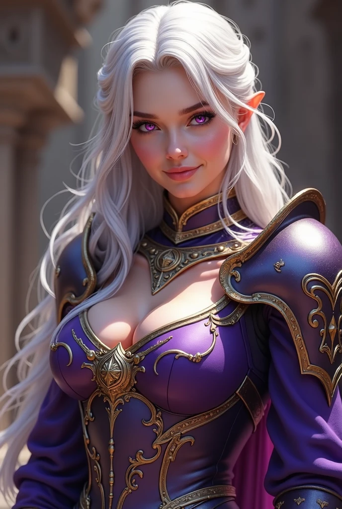 (8K,Photorealsitic Raw photography top-quality;1.4) 1girl in) Super beauty (Lifelike face) (masutepiece, Best Quality, Photorealistic, hight resolution, Photography, :1.3), Very close-up shot, Sharp Focus, 1 Middle aged woman with purple long curled hair, 40-year-old woman of European descent, hotmodel, Highly detailed golden eyes and pupils, Realistic skin, Slim body shape, cleavage, very detail hair,Macho with a muscular body Delicate sexy face, Organoleptic gas, shiny lips, ((Red jacket and purple and gold exterior)), muscular slender lower body Black pants and armor Hold a big sword plein air, ((Realistic, Super realistic, Realism, realistic detail)) enticing 超A high resolution A hyper-realistic beautiful expression (real looking skin) elf-ears Cast a seductive gaze queen of the underworld in throneroom 2Black corners of books