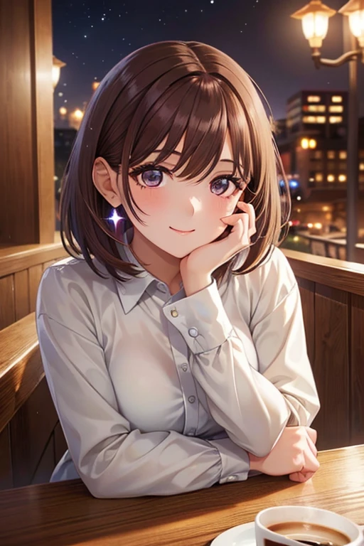 my grandmother、 shiny maroon hair ,  short hair, ( brown pretty eyes、 Sparkling Eyes, Fine grain)、smile、 super detailed eyes 、 very detailed face ,  very detailed eyes, cowboy shots、  1 girl,  Alone, 


 (Best Quality:1.2),  1 girl, Night Cafe、 drinking coffee