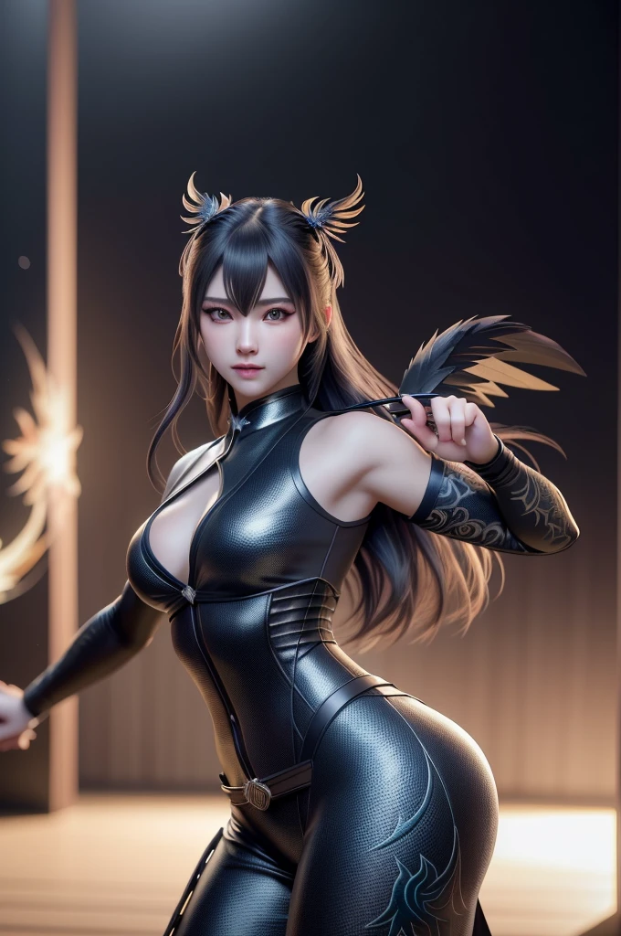 A dynamic ninja girl in a phoenix patterned ninja outfit, dynamic action pose, beautiful detailed eyes, beautiful detailed lips, extremely detailed eyes and face, long eyelashes, detailed ninja outfit, intricate phoenix pattern, dramatic lighting, cinematic scene, dark moody color palette, chiaroscuro lighting, (best quality,4k,8k,highres,masterpiece:1.2),ultra-detailed,(realistic,photorealistic,photo-realistic:1.37),HDR,studio lighting,ultra-fine painting,sharp focus,physically-based rendering,extreme detail description,professional,vivid colors,bokeh,dark fantasy,action,cinematic