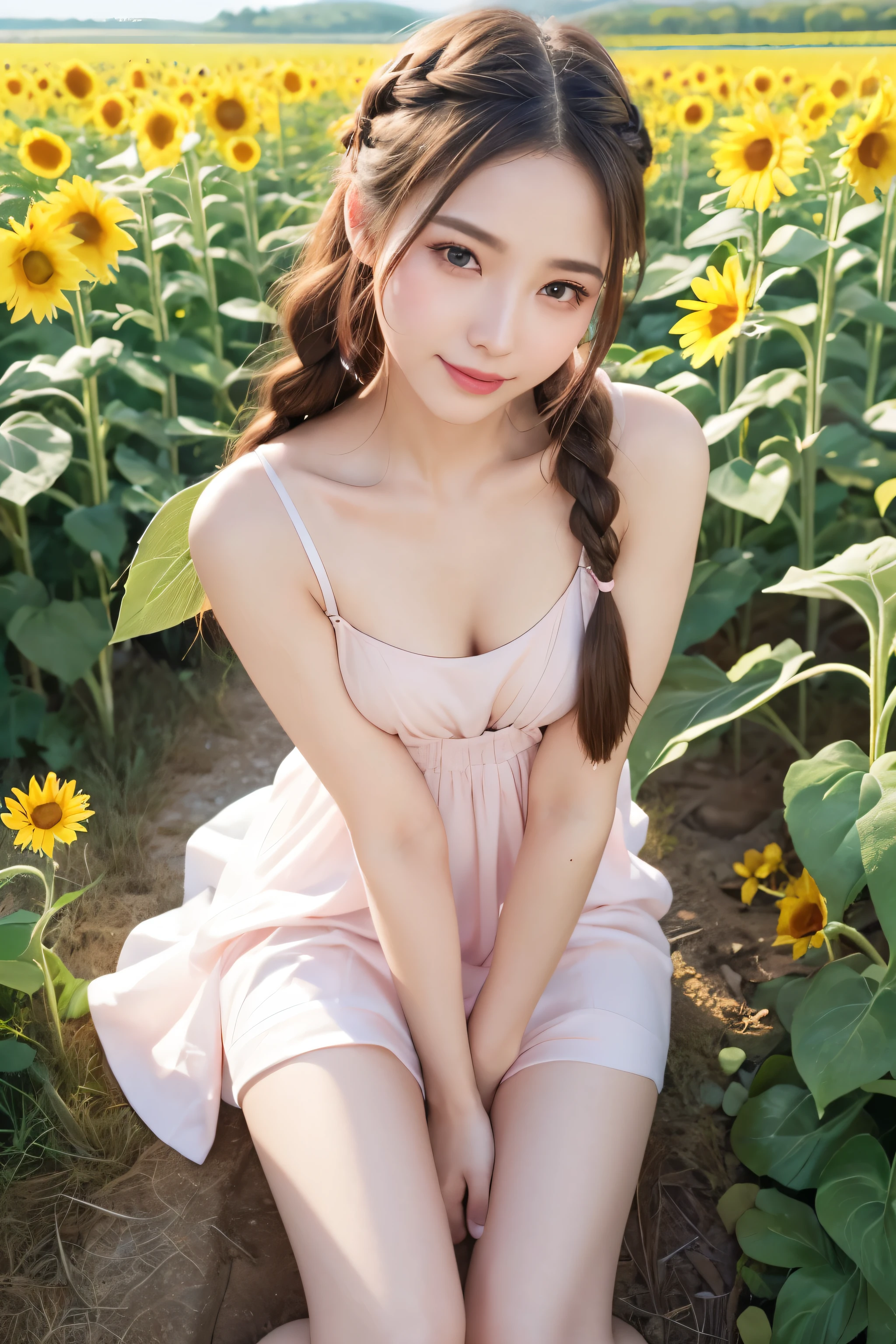 (NSFW:1.1)、 photorealistic、( Perfect Anatomy)female 1 person、age: 32、 hairstyles are braids、Applying blush to the cheeks、 wearing silver colored contact lenses、There are light eyeshadows、 lips pink and glossy、smile、I'm wearing a white dress, but my nipples are bare、Depicting the body from the knees up、In the sunflower field