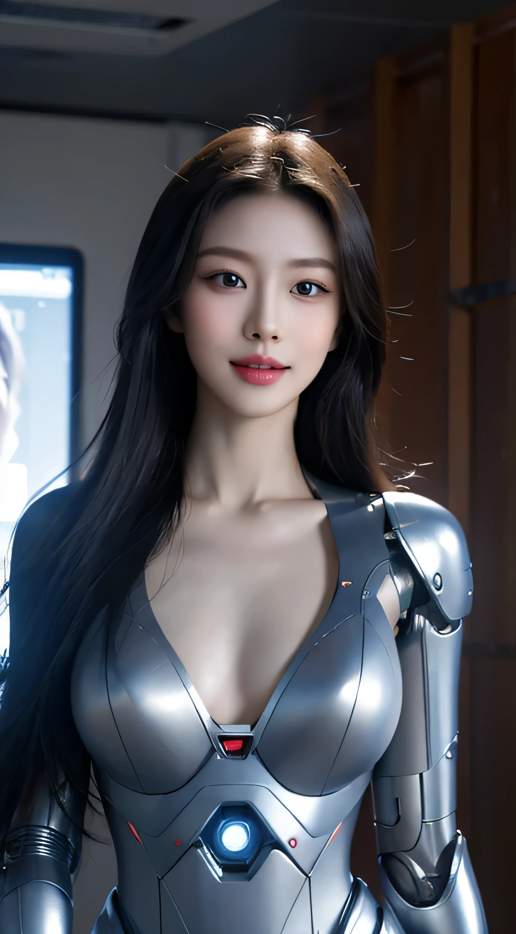 8K, RAW photos, Best quality, Masterpiece: 1.2),(best qualtiy，8K, Yes，32K，masterpiece，hyper HD：1.2) , 20 years old, Generate a highly detailed and realistic 4K description of a woman in a nurse’s uniform inside a hospital room, emphasizing every detail, from her attire to the surrounding environment, skinny body, perfect body, beautifull face, asian face, glowing skin, cyborg girl, blue eyes, nurse android robot, mechanical details, korean robot girl, robotic chest, add chest monitor, perfect blue eyes, control panels, korean android woman,perfect robot girl,long tube,thick cable connected her neck,android,robot,humanoid,cyborg,korean cyborg girl ,robot-assembly plant,She is assembling now,assembly scene,chest monitor