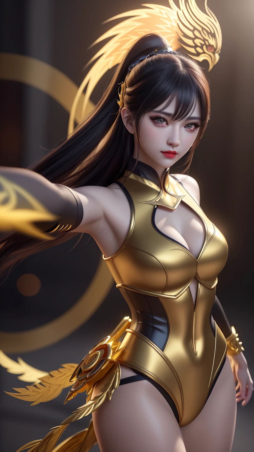 A dynamic ninja girl in a golden phoenix patterned white ninja outfit, dynamic action pose, beautiful detailed eyes, beautiful detailed red lips, extremely detailed eyes and face, long eyelashes, detailed ninja outfit, intricate phoenix pattern, dramatic lighting, cinematic scene, dark moody color palette, chiaroscuro lighting, (best quality,4k,8k,highres,masterpiece:1.2),ultra-detailed,(realistic,photorealistic,photo-realistic:1.37),HDR,studio lighting,ultra-fine painting,sharp focus,physically-based rendering,extreme detail description,professional,vivid colors,bokeh,dark fantasy,action,cinematic