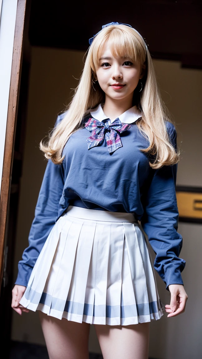 Heavy makeup,,smile,blonde,Wave Long,Japanese,Navy blue polo shirt,, Pleated skirt, Micro Mini Skirt, loafers, whole body,Beautiful thighs,Sitting,(Real schoolgirl:1.3),(Honor student),Classroom during lesson,Spread your legs,blue eyes:1.1,necklace、bracelet