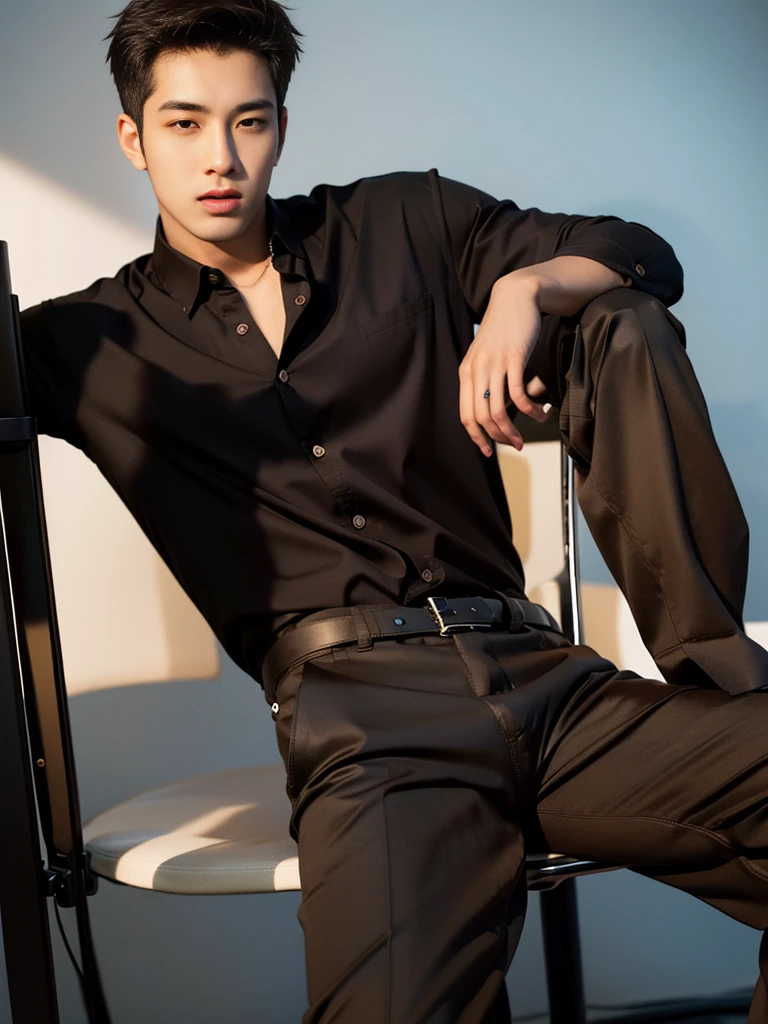 photography, masterpiece, best quality, 8k, highres, A Yung man，20 years old，Height 190cm,Tall model figure,(The most handsome man in the world)，(((brown hair))) , (20 years old asian man:2) ,(black eyes),  ((Korean man)), (((Asian Men))),handsome, with a sexy body, He poses handsomely，He is a Korean idol，((half body to knees shot))，(digital photography,realistic,Photorealistic,Photoreal) ,(bestquality), (top-quality), (high-level image quality), (macular man ),(dark skin:1.9),(macular man ),((alone)) ,(long pants),Korean Fashion,((complete clothes))，(((buttoned shirt))),(((buttoned shirt))),( long Pants)，short sleeve shirt,trousers, shirt ，oversized，belt, short hair， Special Design shirt ，Fashion shirt ,Black and White Dress , relaxed pose,trousers, handsomely sitting on chair ， trousers