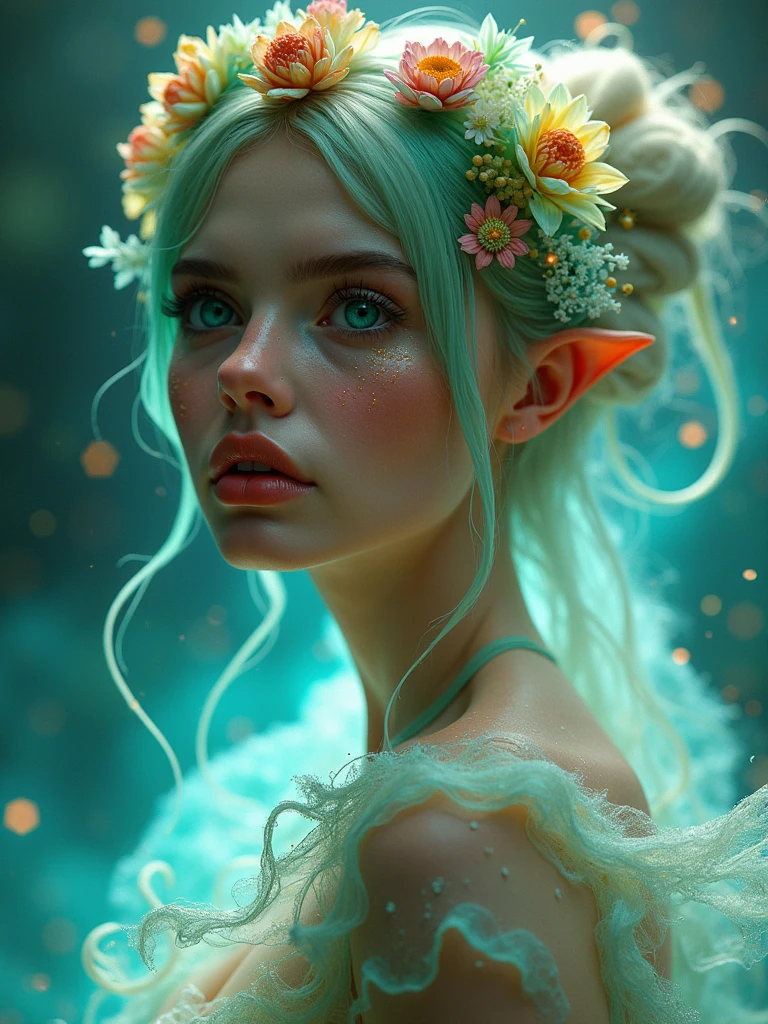 Full body, Small highly detailed incorporeal fairy made of silvery light, Bokeh pollen specs multicolored magic particles in the air background by Moebius, perfectly lifelike beautiful face, detailed pretty eyes, glossy lips, pastels bloom lighting detail, (intricate mystical aura Detailing By Amanda Sage), beautiful rendering by FromSoftware Artwork, Elden Ring aesthetic, Boos Stage Battle, Ray Tracing Beams, Extremely Smooth Blending, highly detailed, 8k sharp focus

