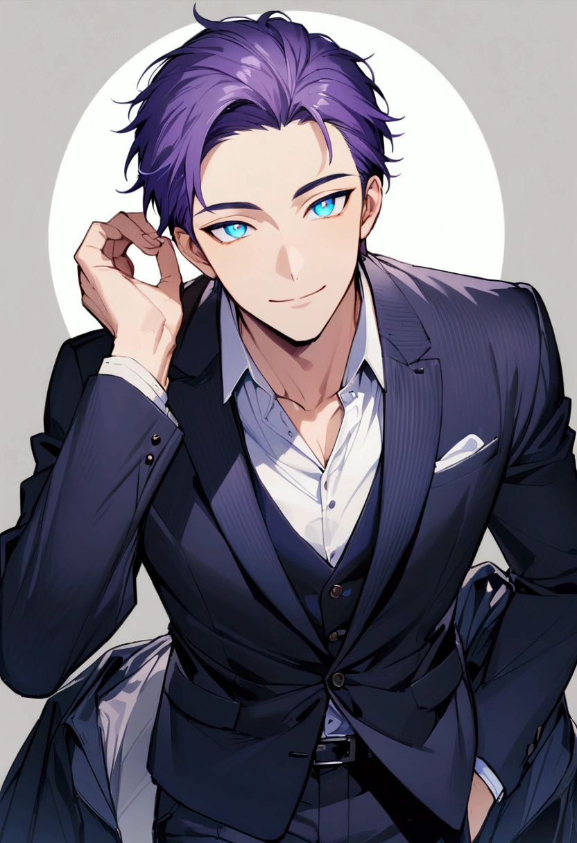 whole body、Character portrait、male、masterpiece、Handsome、The forehead is visible、1 man,  purple Hair、Worn suit、Jacket、Give bangs、Showing his forehead、Handsome、Intricately drawn eyes、good looking、((blue eyes)), 30 years old, handsome male, beautiful smile